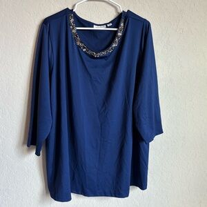 Susan Graver Womens Top Size 3X Blue Embellished Beaded Career Shiny